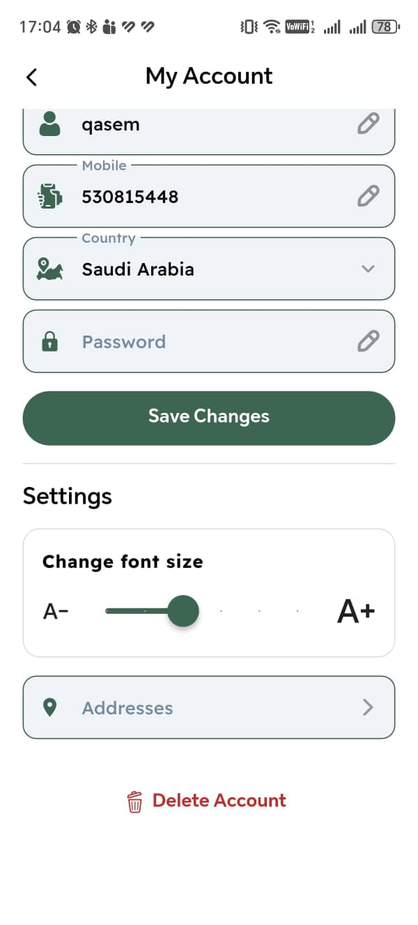 Delete Account option in Mzar settings