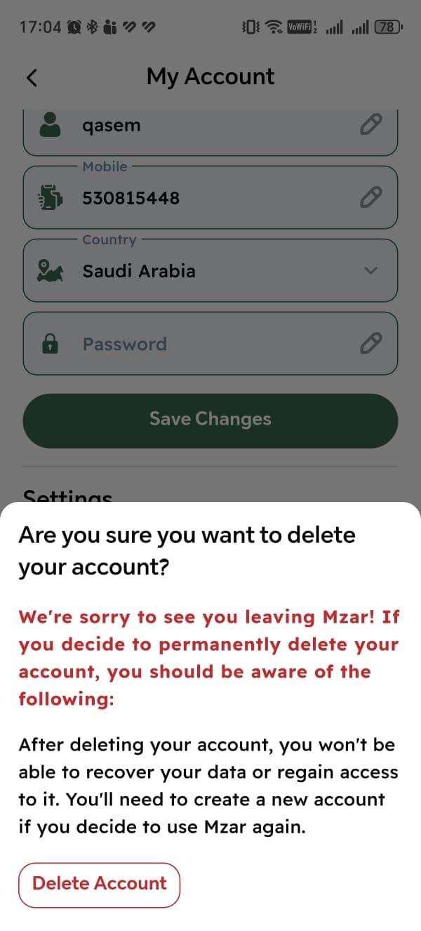 Mzar account deletion confirmation